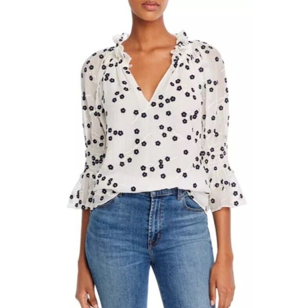 Rebecca Taylor Alessandra Ruffle Bell Slve Top Sz 2 Embroidery Silk Blend Ret375